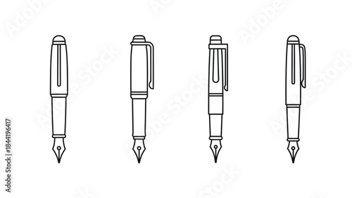 A simple black and white line drawing of four fountain pens