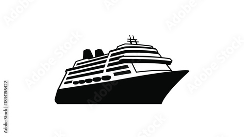 A sleek black and white illustration depicts the side profile of a large cruise ship