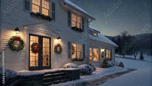 Cozy snow covered home with warm christmas lights and wreaths