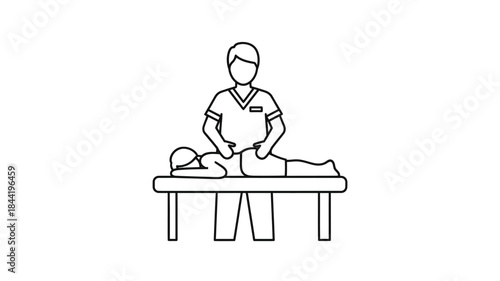 Line art illustration of a masseuse working on a client s back