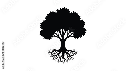 A simple black silhouette of a tree with detailed roots and foliage