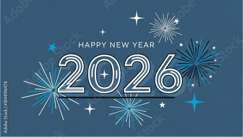A Festive Happy New Year Card with Fireworks for the New Year 2026 Celebration.