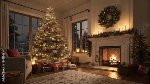 Cozy christmas living room with glowing fireplace and decorated tree