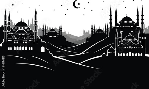 Moonlit mosques and minarets silhouette