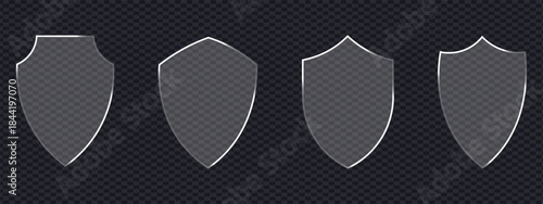 Glass effect shield and protected guard shield on transparent background. Security, safeguard, safety, privacy label symbol. vector illustration.