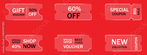 Set of glass morphism coupon, promotional offer tag, discount tickets and vouchers on red background. shopping and sale promotions symbol. vector illustration.