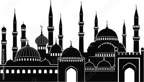 Black and white illustration of a mosque with multiple domes and minarets
