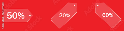 Discount offer glass morphism price tag on red background. diverse percentage discounts, 50%, 20%, 60% off sales symbol. vector illustration.