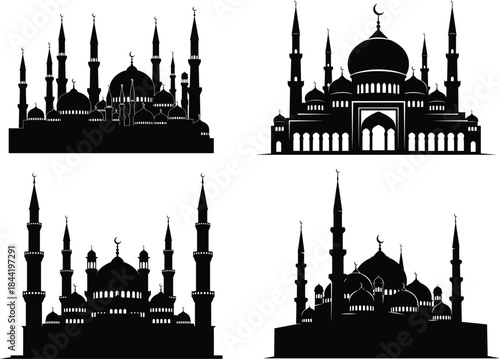Mosque silhouette set with four different architectural styles