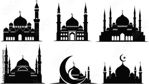 Islamic architecture silhouettes featuring mosques and crescent moon