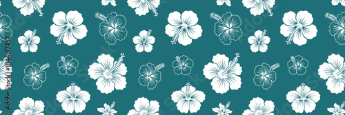 Seamless pattern with white Hibiscus flowers on teal background