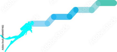 Scuba diver silhouette ascending a gradient path representing progress and exploration in the ocean isolated on white Background