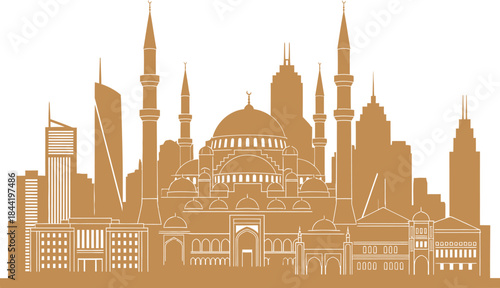 Golden mosque cityscape silhouette