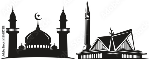 Silhouette of mosque and hindu temple architecture
