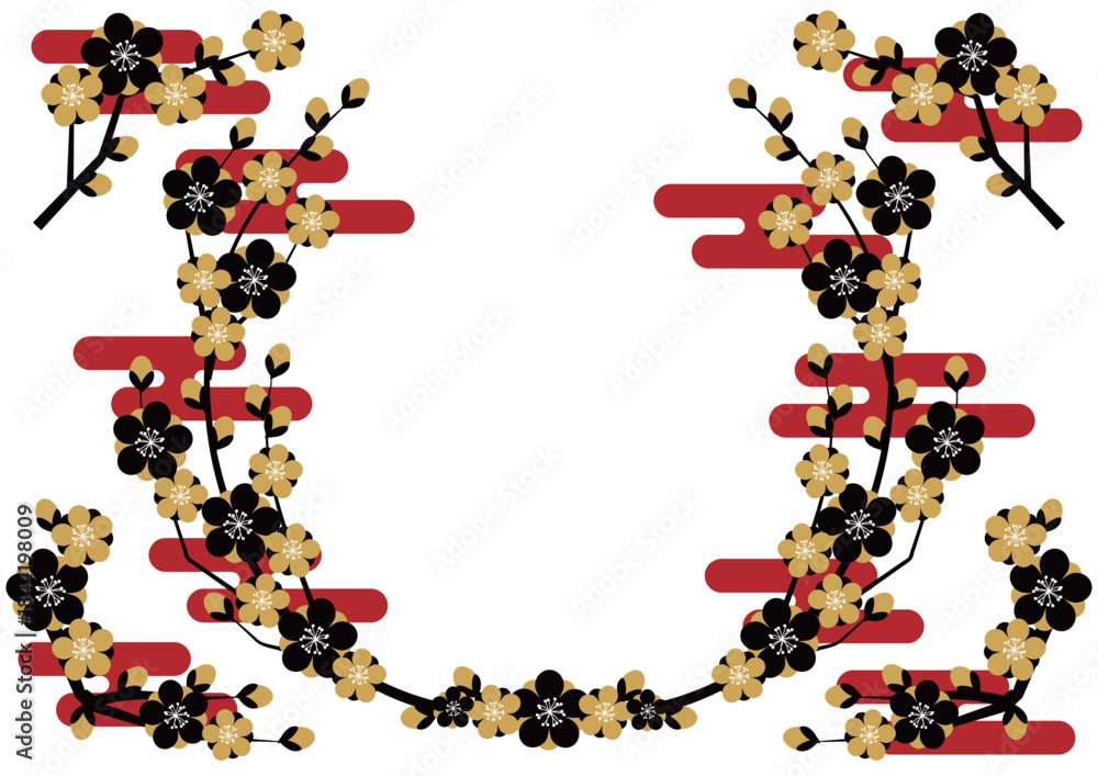 Fototapeta premium シンプル梅フレームセット、金黒、かわいい、イラスト