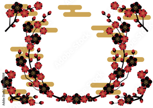 シンプル梅フレームセット、赤黒、かわいい、イラスト