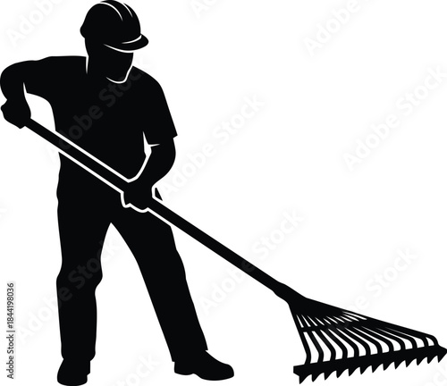 Worker using rake isolated on white background, Vector