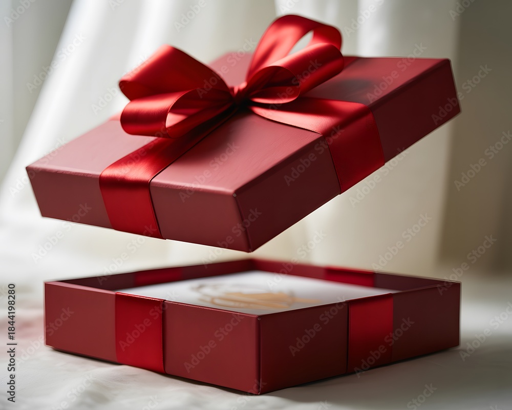 Fototapeta premium Red gift box with ribbon bow floating above open box