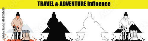 Woman with backpack and tripod in mountains on travel adventure vector illustration