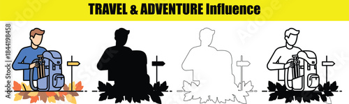 Hiker with backpack and signpost in autumn leaves Keywords: hiker, man, backpack, rucksack