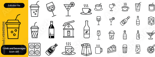 Drink and beverages line editable icon set. Containing Coffee, Wine, Coffee Cup, Water, Champagne, Milk, Whiskey, Beer, Juice, Margarita, Alcohol, and more. Editable stroke. Vector illustrationgive