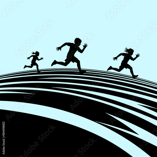 Silhouettes of adults and children running a race on a curved graphic track, symbolizing speed and competition.