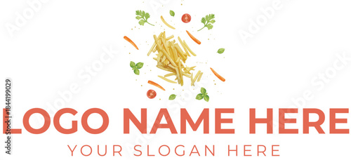 Food logo vector with circular noodle, herb, carrot, and chili arrangement for vibrant culinary branding