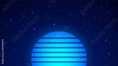 Abstract futuristic digital sun with glowing blue layers against a star-filled night sky, sci fi and space background concept