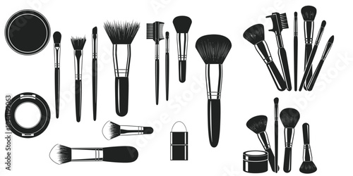 Collection of makeup brushes and cosmetic tools