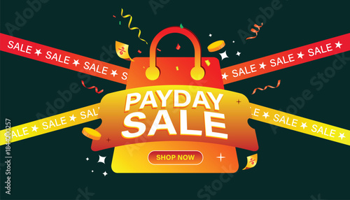 Payday Sale banner with shopping bag, discount ribbons, and festive elements, perfect for online promotions