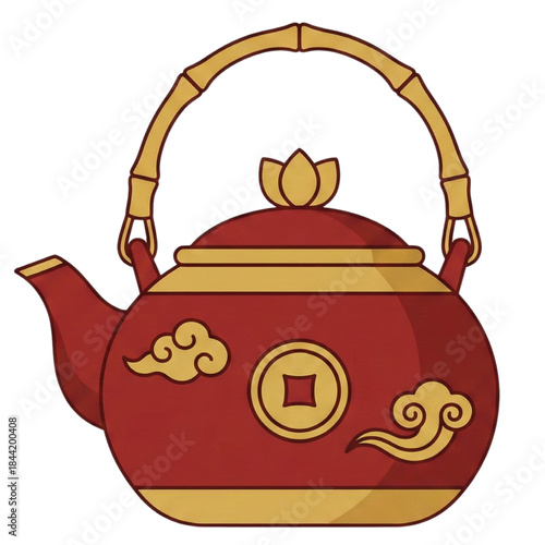 Red Chinese style teapot with gold accents and bamboo handle, for mockup or icon