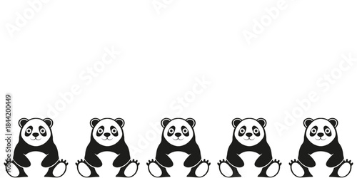 Vector Panda bear Silhouette seamless border isolated transparent backgorund. Cute bamboo bear animal Frame with empty space for text. Funny child wall decor. EPS 10