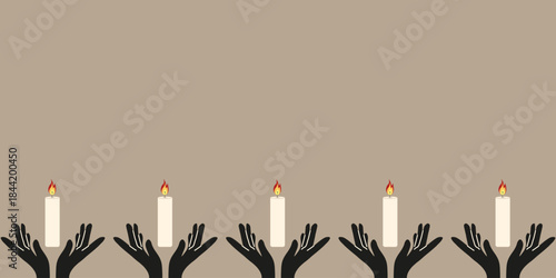 Vector empty Frame from black hands with burning candle. Vector illustration Holocaust Day banner with candle in hands and empty space for text. ePS 10