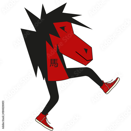 2026 Chinese New Year zodiac Animal. Vector illustration of modern red horse head with legs in red sneakers isolated transparent background. Fashion 2026 New Year  art poster greeting card cover. 