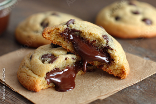 Beautiful chocolate chip cookies with a gooey chocolate filling.