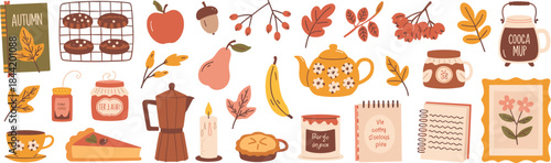 Autumn Harvest Food And Drink Objects Collection With Leaves vector illustration