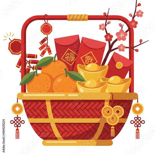 Chinese New Year Basket with Oranges, Gold Coins, and Red Envelopes