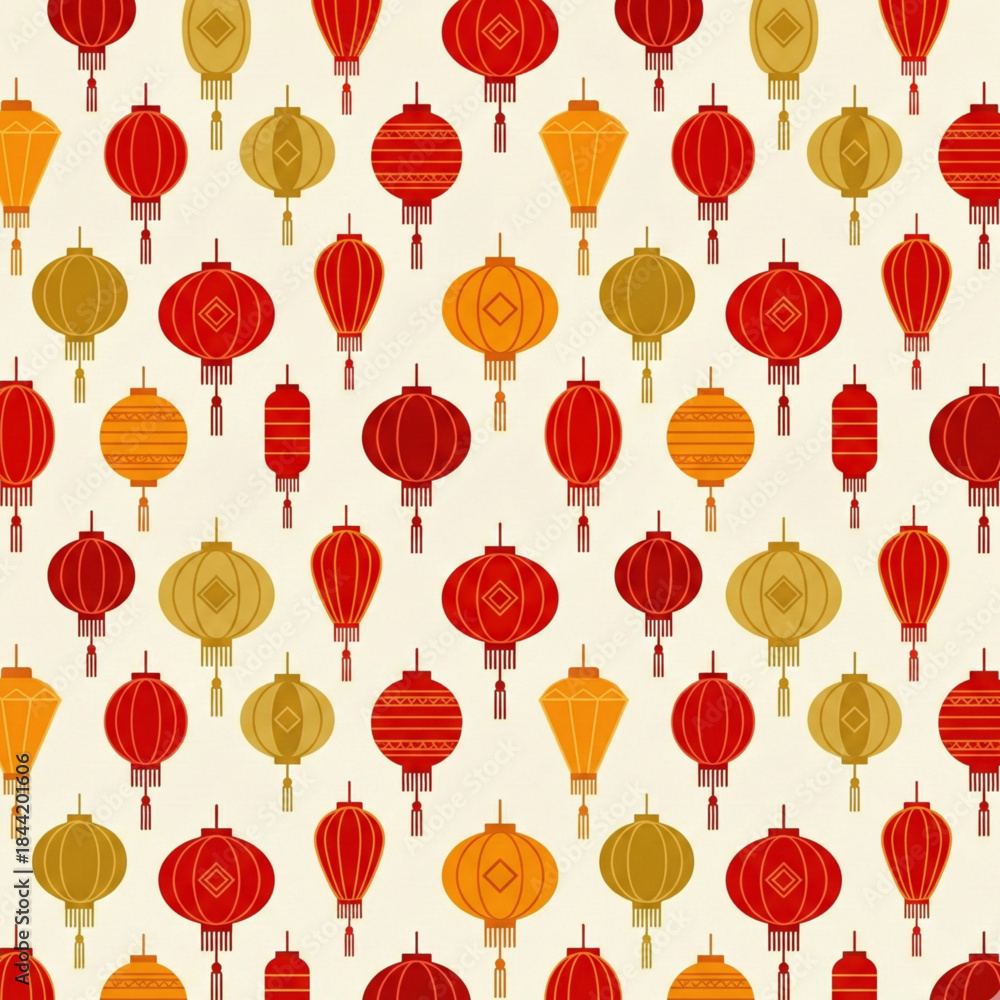 Fototapeta premium Vibrant Chinese Lanterns Pattern in Red, Orange, and Yellow on Cream Background