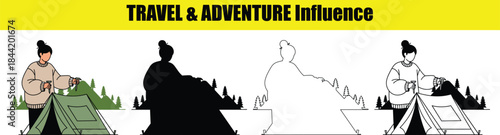 Woman setting up tent in forest with mountains and trees in background Keywords: camping, tent