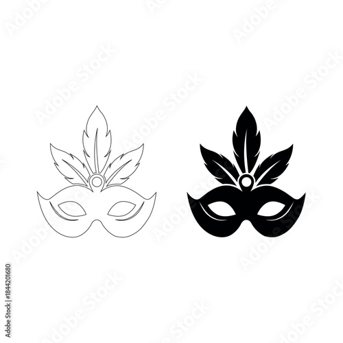 Elegant carnival masquerade mask with decorative feathers in both outline and solid black versions, perfect for festive celebrations and mysterious