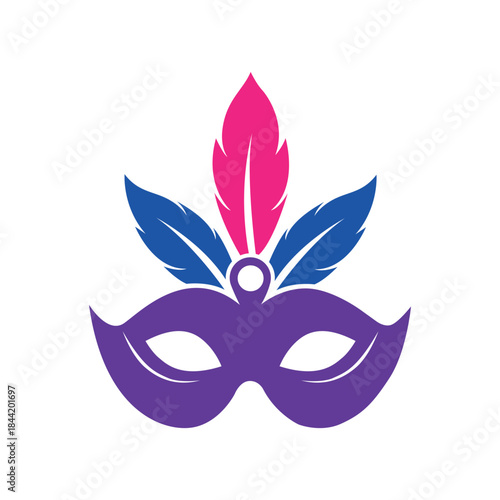 Vibrant purple carnival mask adorned with colorful pink and blue feathers for a festive Mardi Gras celebration party