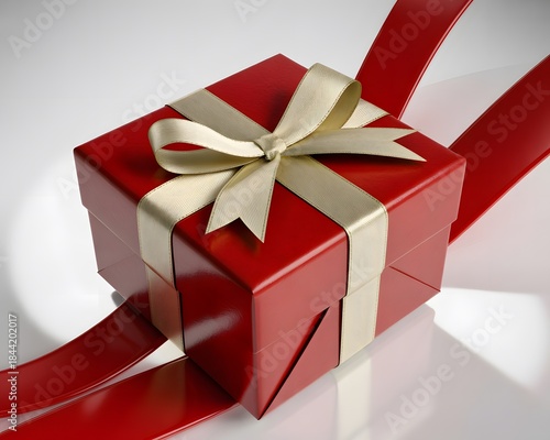 Red gift box with gold ribbon and bow on white background, symbolizing luxury and celebration