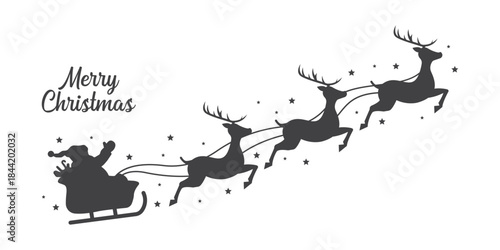 vector illustration of A festive Santa sleigh is pulled by reindeer across a starry night, creating a classic Christmas silhouette. Perfect for holiday cards, festive campaigns, and winter promotions.