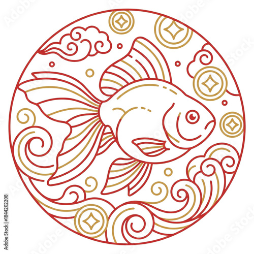 Goldfish in a Circle with Clouds and Coins, Chinese New Year Design Element
