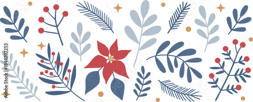 Festive Winter Botanical Elements With Poinsettia And Berries Keywords: winter, christmas