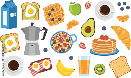 Delicious Breakfast Food Assortment Flat Design Elements milk toast