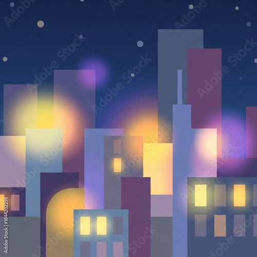 Colorful cityscape at night with vibrant lights and buildings