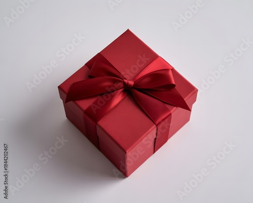 Red gift box with ribbon bow on white background, symbolizing luxury and celebration