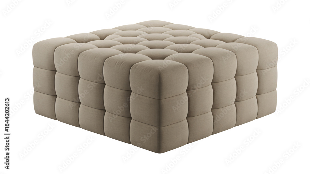 Naklejka premium Beige tufted ottoman furniture with buttonless quilted upholstery on white background