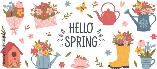 Hello Spring Collection Of Floral And Garden Elements Keywords: spring, hello spring, flowers